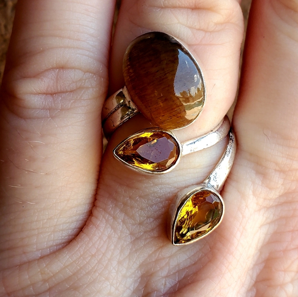 New Silver Sheen Obsidian & Citrine Open Cuff 925 Silver Ring. - Picture 5 of 16